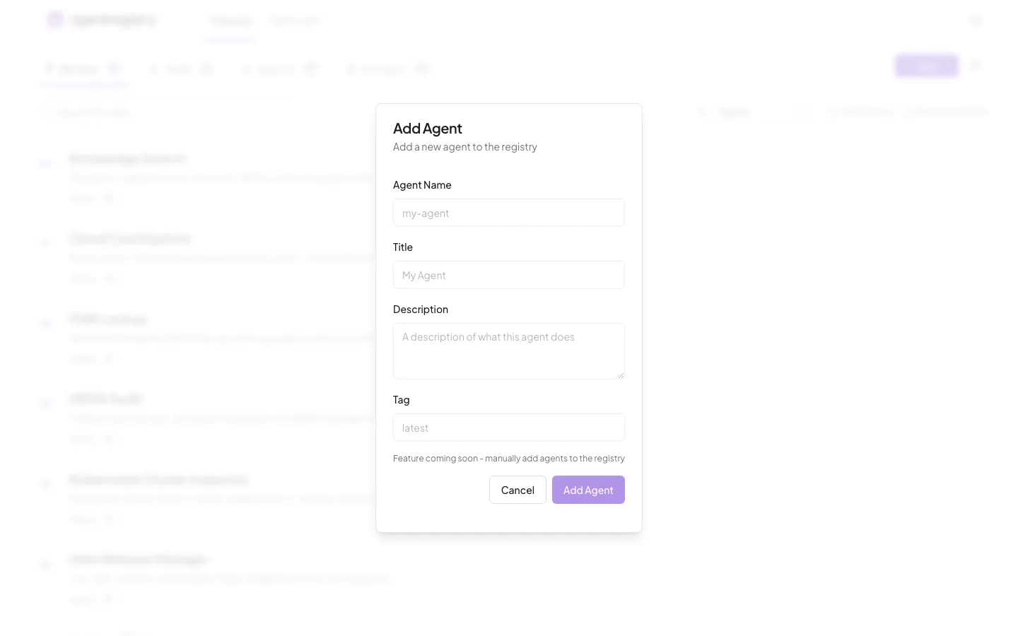 The agentregistry web UI — Add agent