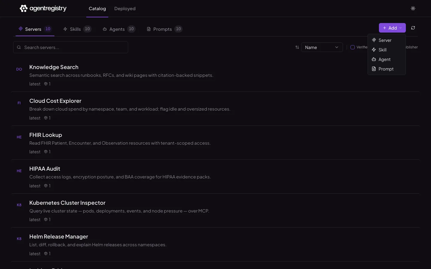 The agentregistry web UI — Add menu