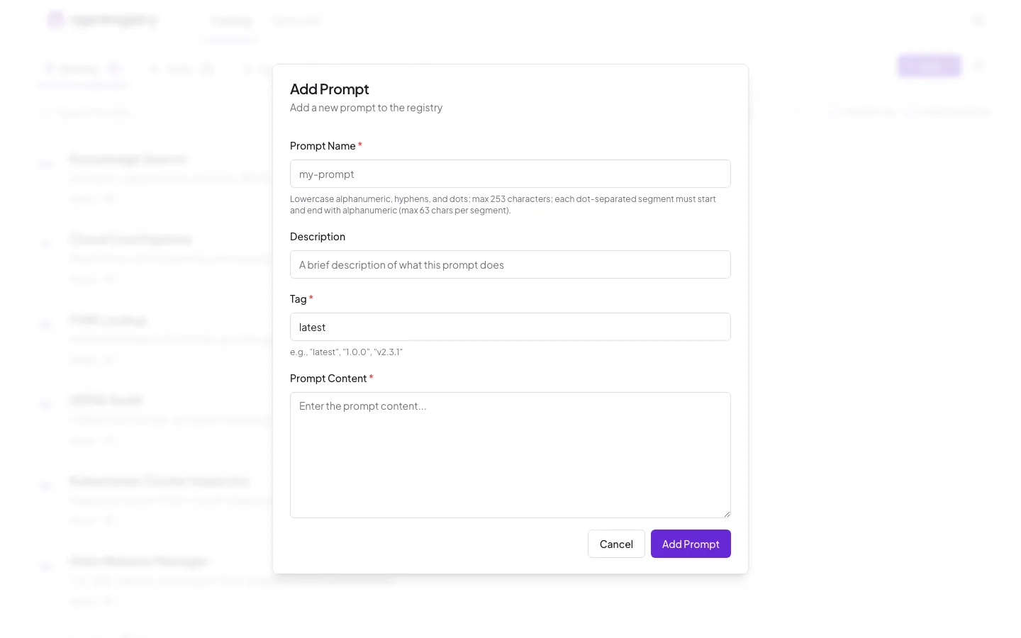 The agentregistry web UI — Add prompt