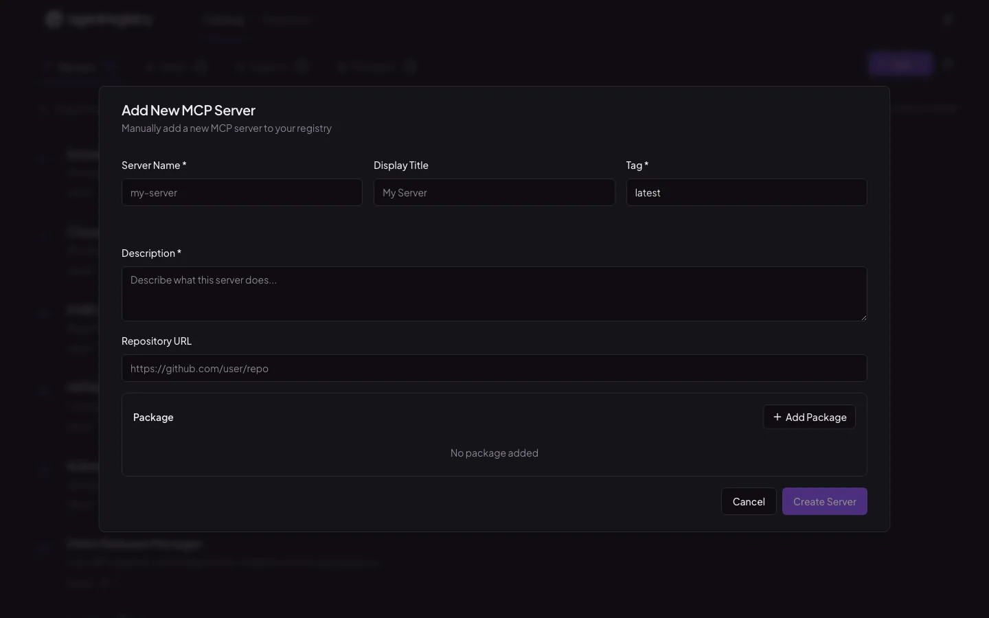 The agentregistry web UI — Add server