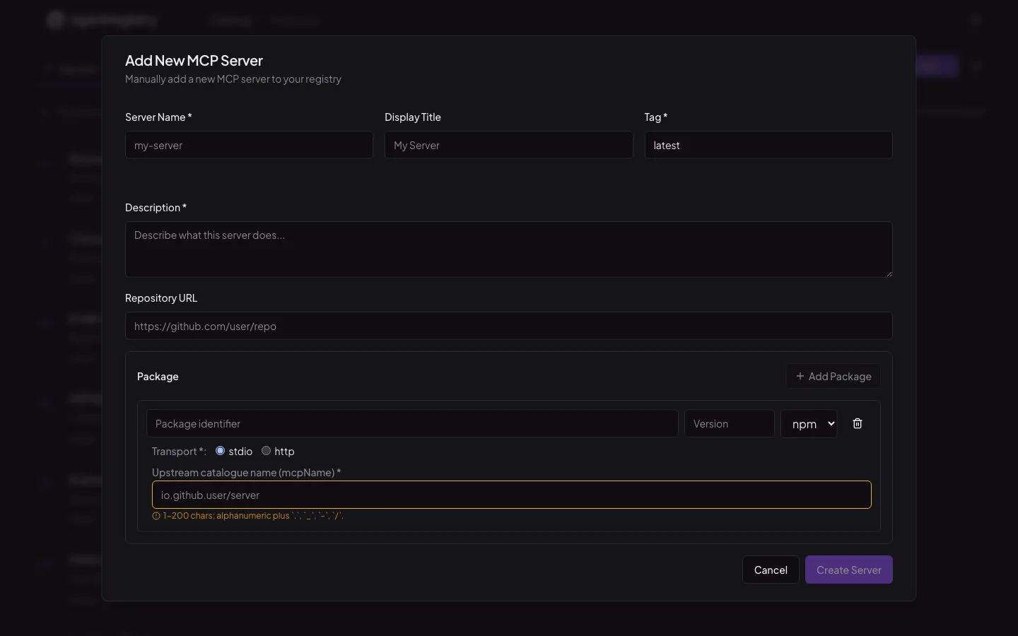 The agentregistry web UI — Add a server — package