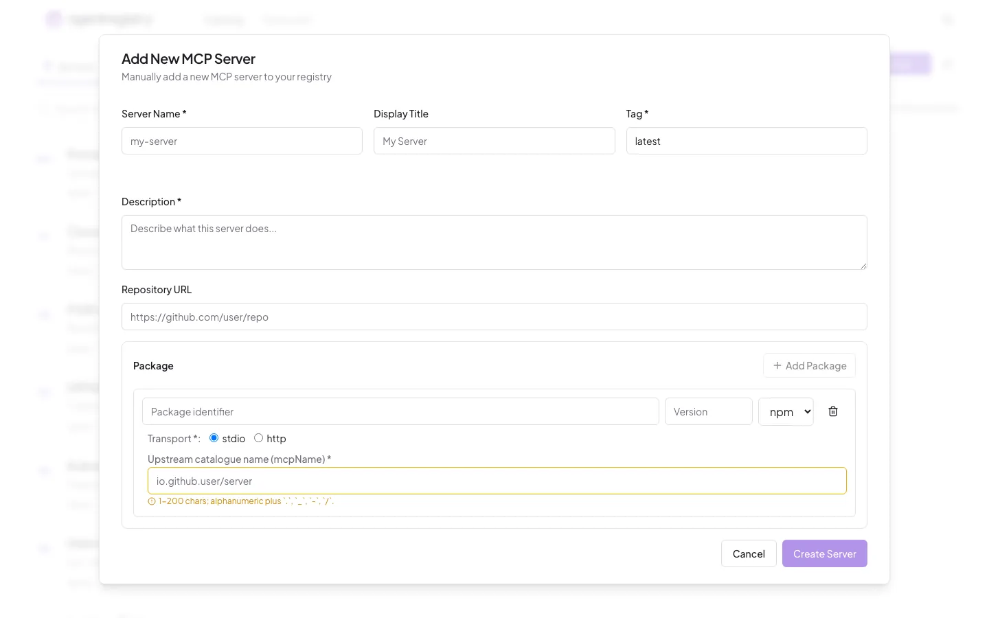 The agentregistry web UI — Add a server — package