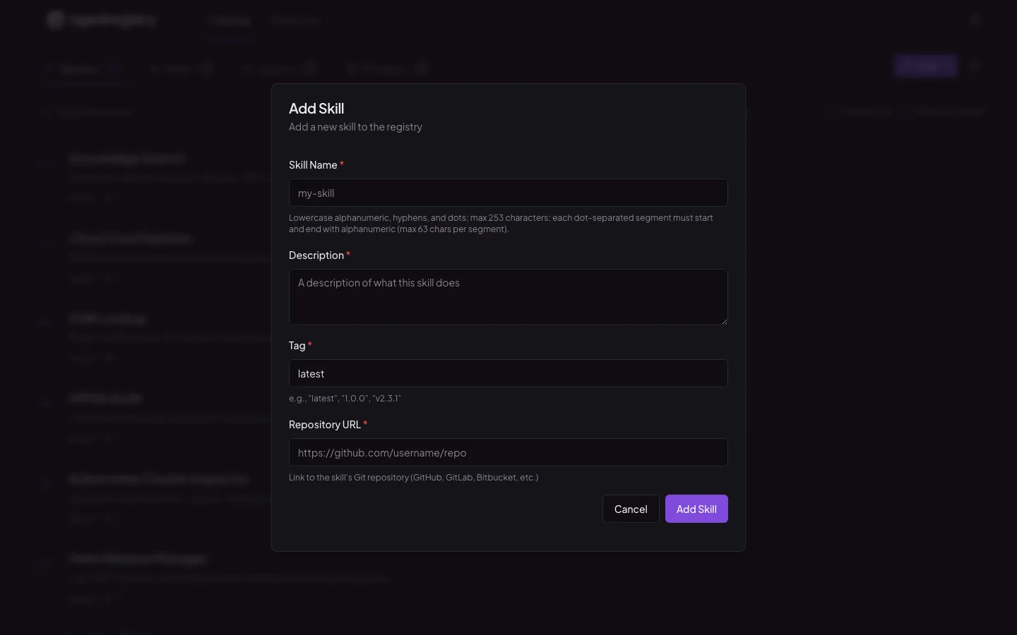 The agentregistry web UI — Add skill
