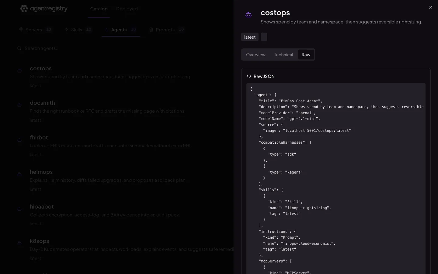 The agentregistry web UI — Agent details — Raw