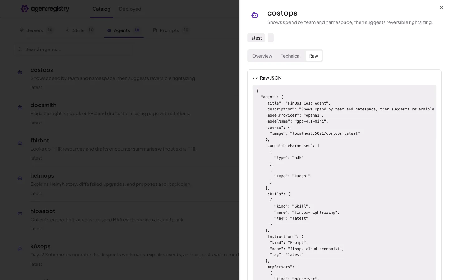 The agentregistry web UI — Agent details — Raw
