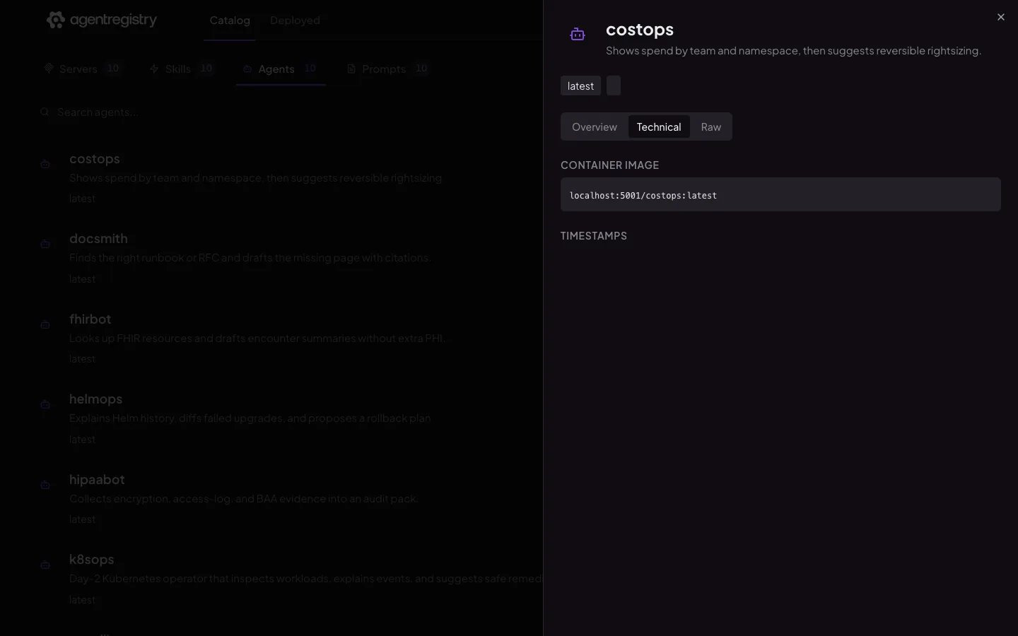 The agentregistry web UI — Agent details — Technical