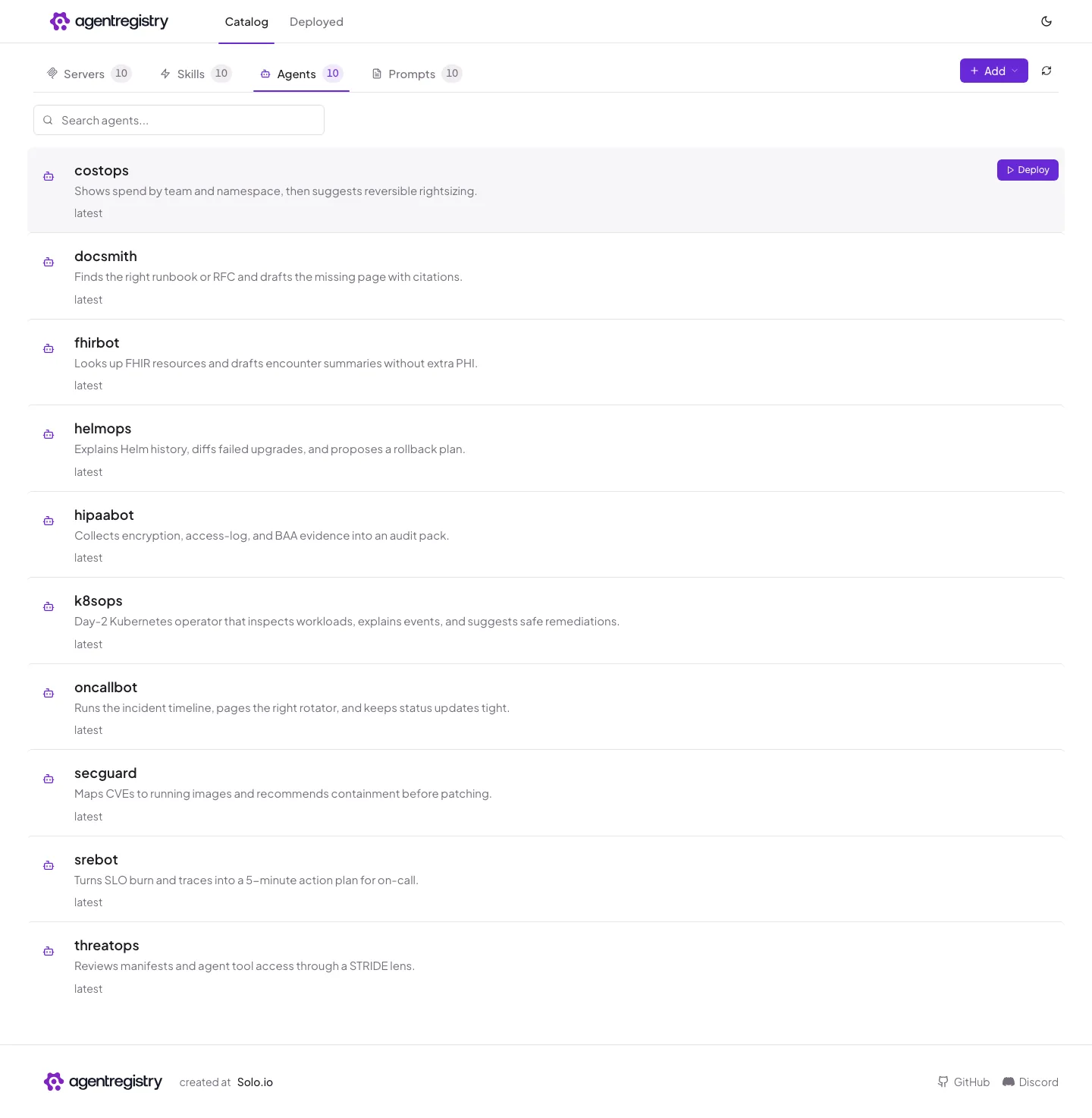 The agentregistry web UI — Agents