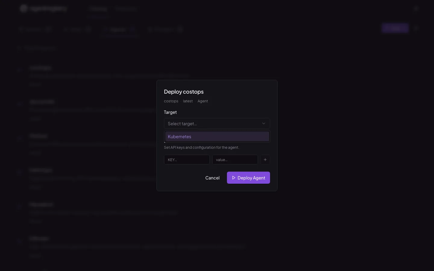 The agentregistry web UI — Deploy agent — choose target