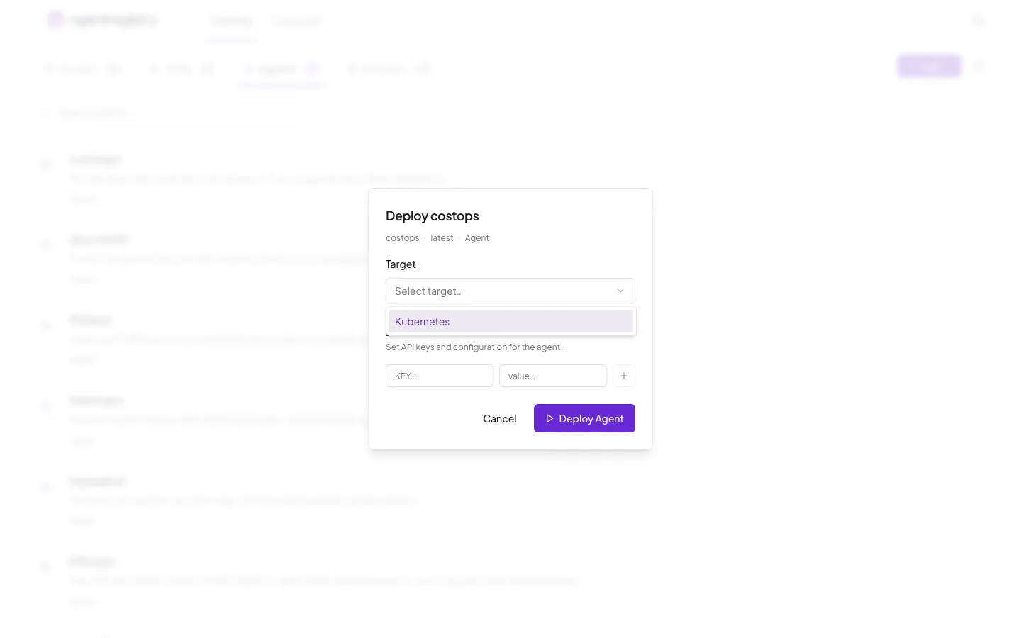 The agentregistry web UI — Deploy agent — choose target