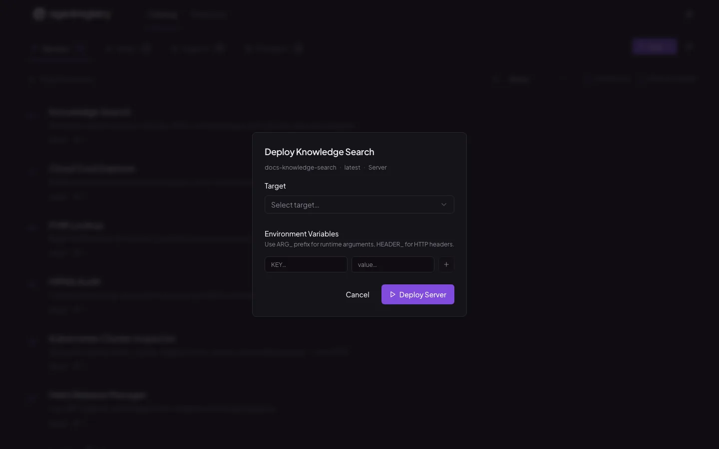 The agentregistry web UI — Deploy server
