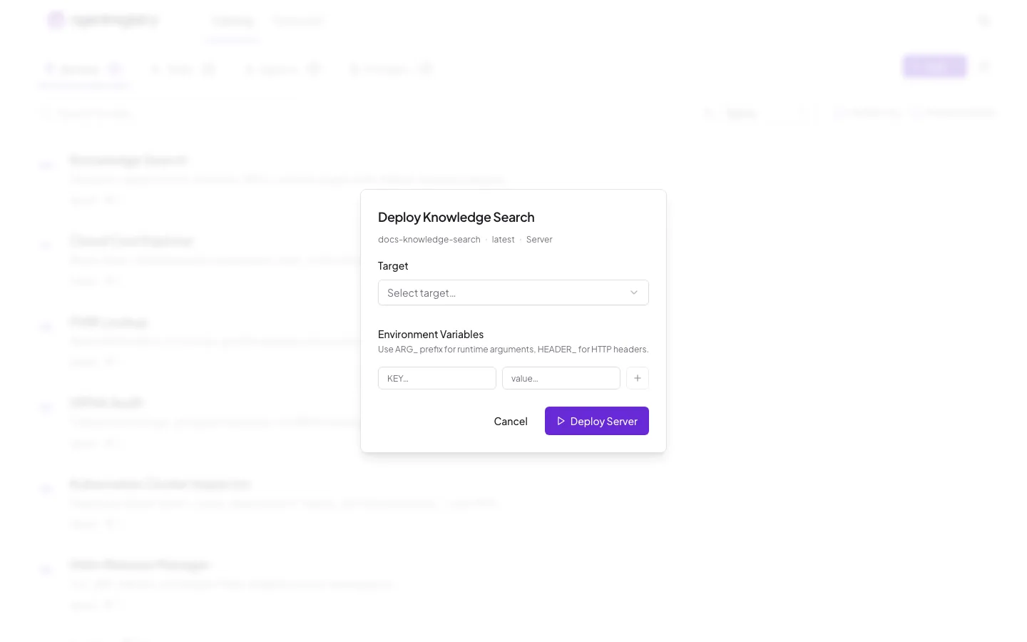 The agentregistry web UI — Deploy server