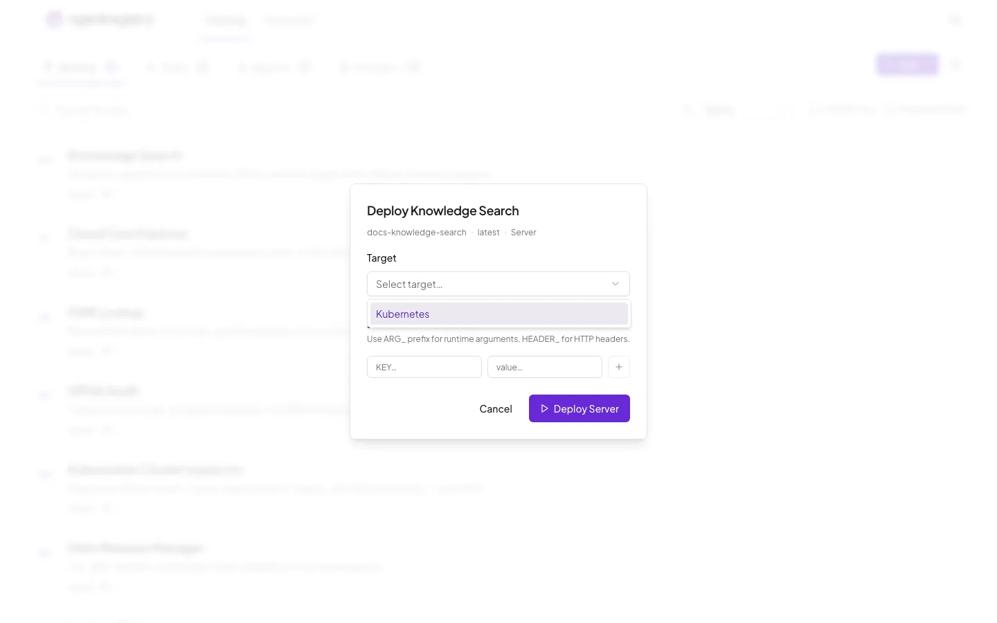 The agentregistry web UI — Deploy server — choose target