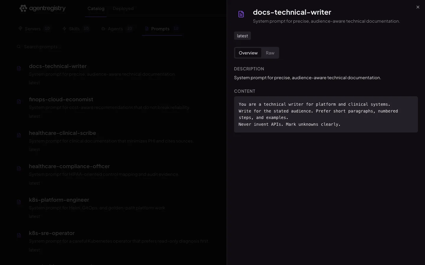 The agentregistry web UI — Prompt details — Overview