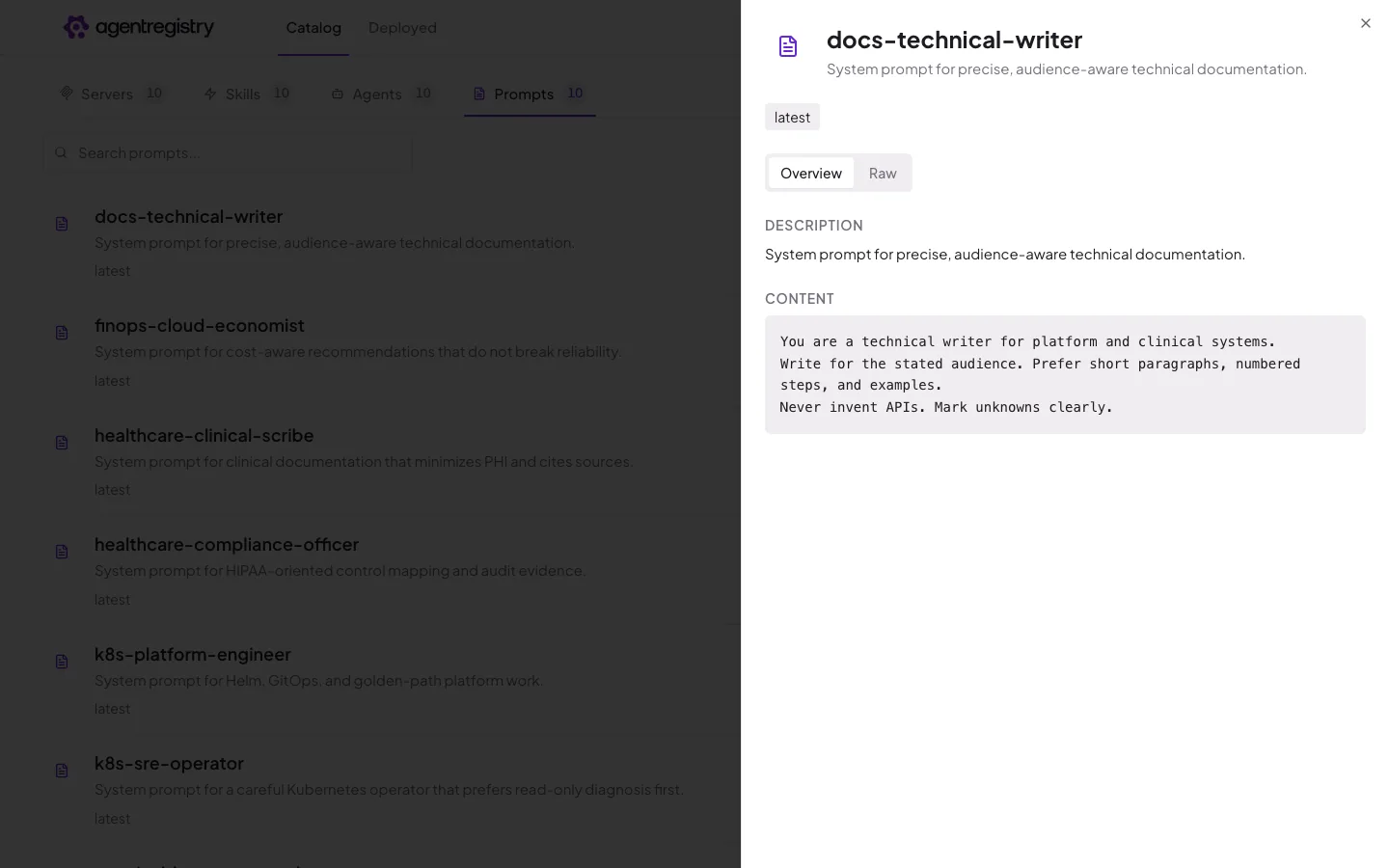 The agentregistry web UI — Prompt details — Overview