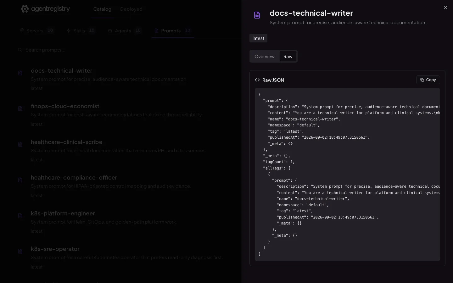The agentregistry web UI — Prompt details — Raw