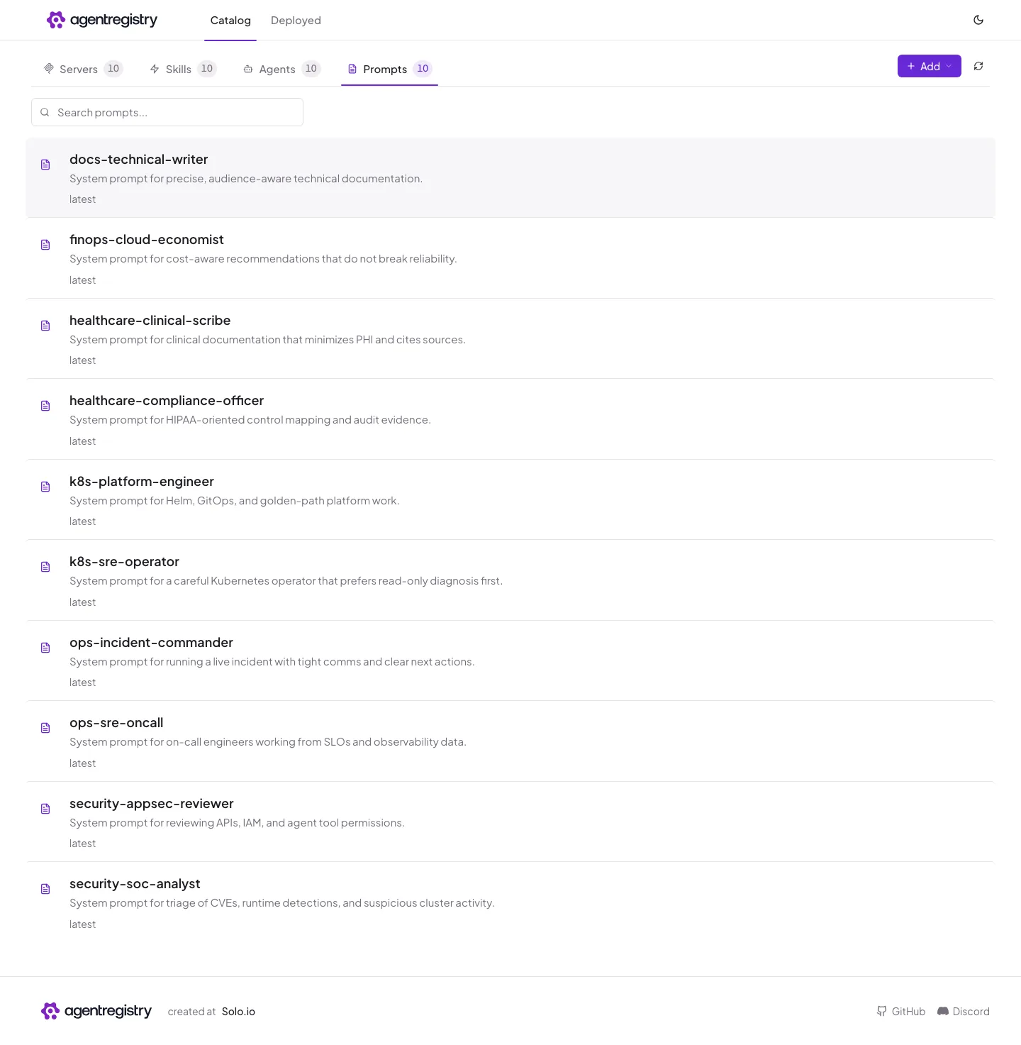 The agentregistry web UI — Prompts