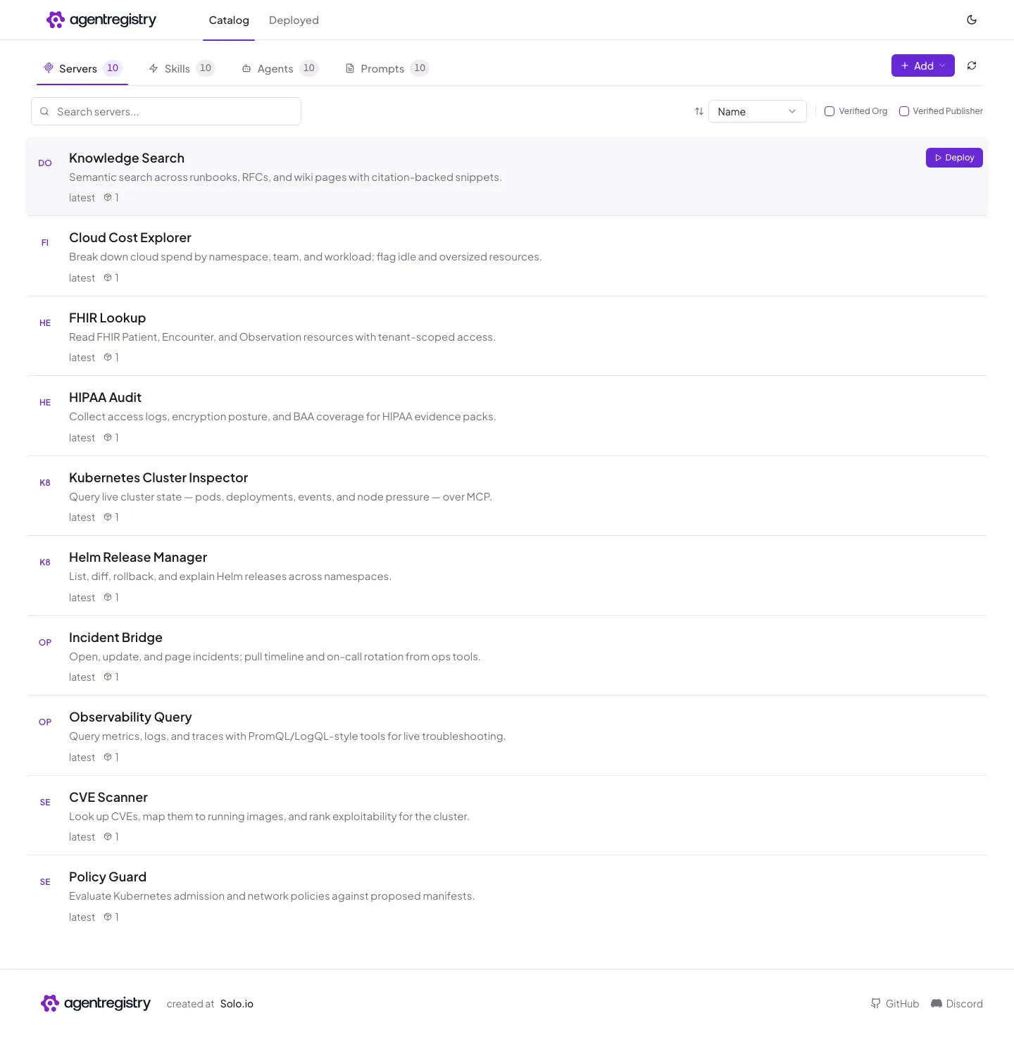 The agentregistry web UI — Servers