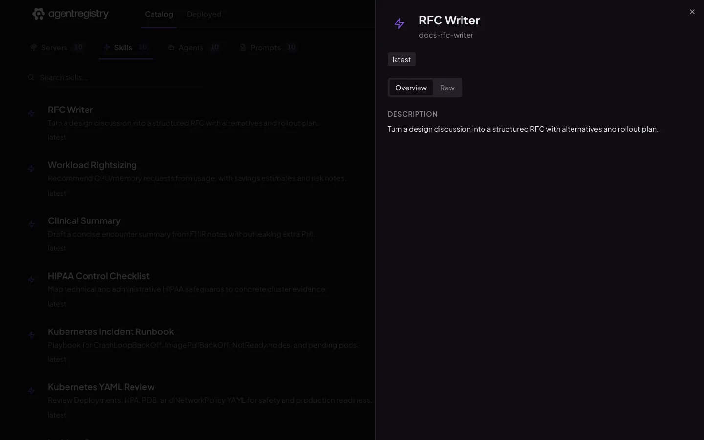 The agentregistry web UI — Skill details — Overview