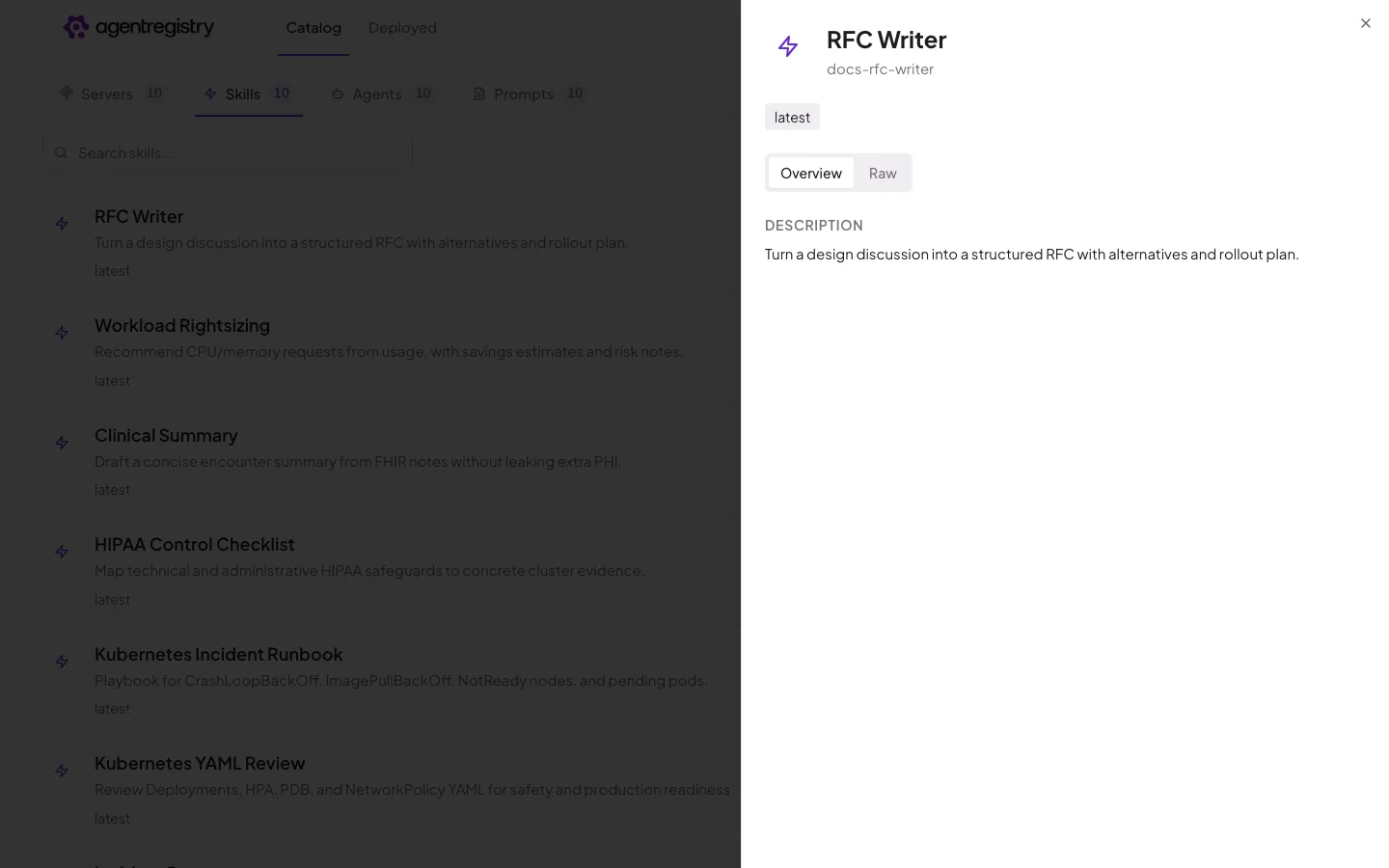 The agentregistry web UI — Skill details — Overview