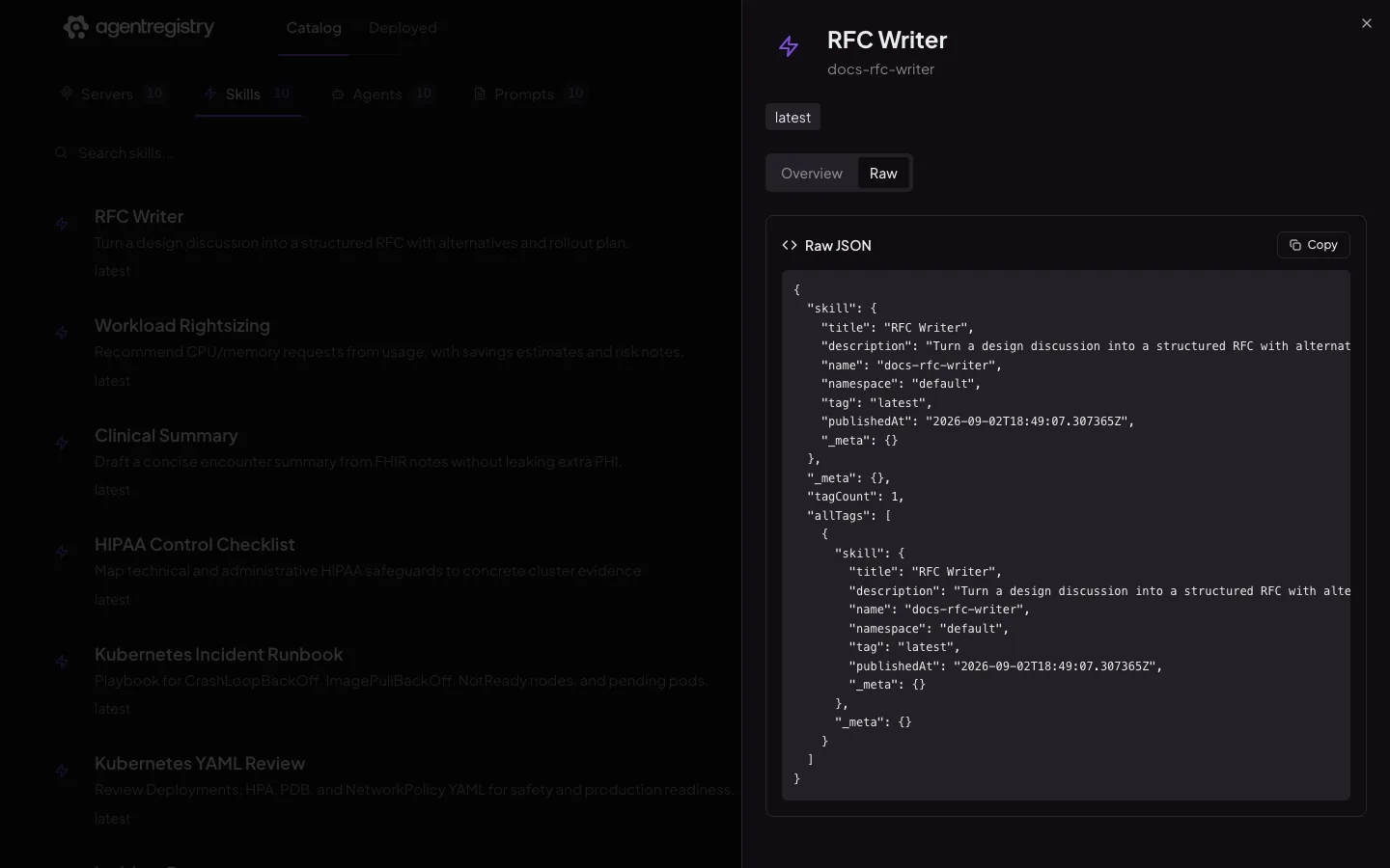 The agentregistry web UI — Skill details — Raw