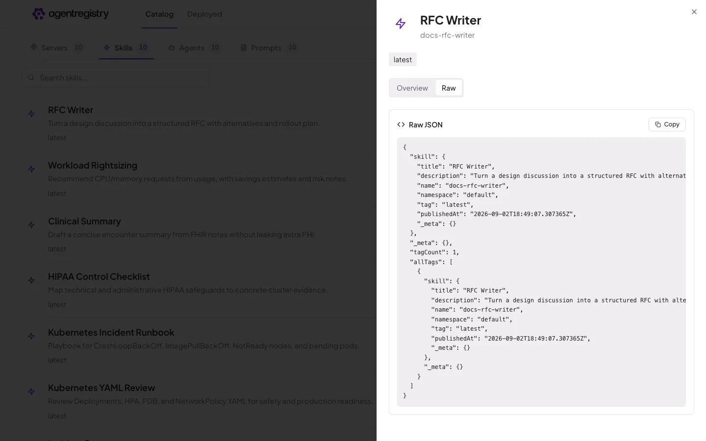 The agentregistry web UI — Skill details — Raw