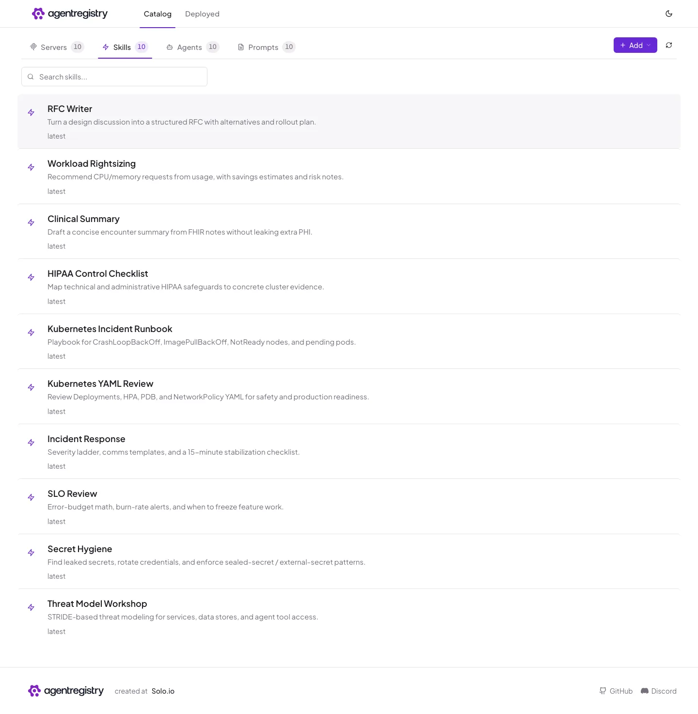 The agentregistry web UI — Skills